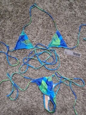 Forplay "Cozumel" Blue Green Thong Micro Triangle String Bikini - S - Wraparound